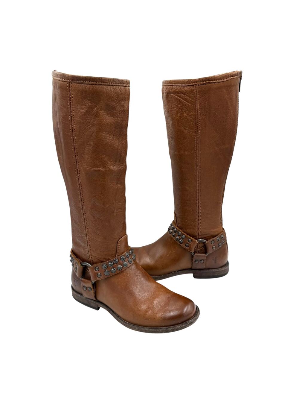 Frye Phillip Studded Harness Cognac Brown Leather Back Zip Tall Riding Boots
